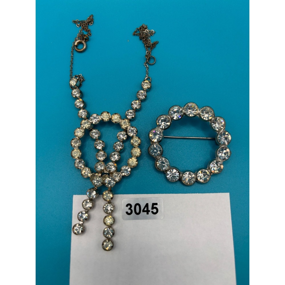 Vintage Rhinestone Circle Brooch Necklace Jewelry Set - Picture 8 of 8
